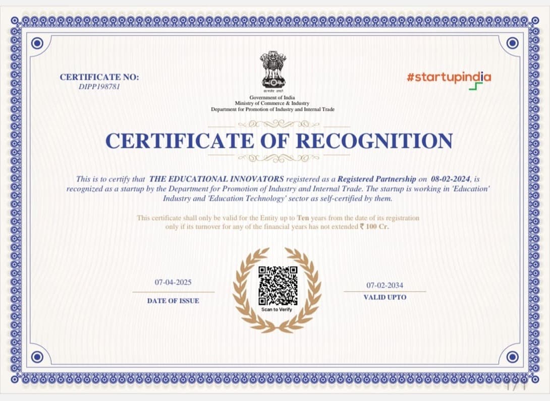 Certificate of Recognition from Government of India