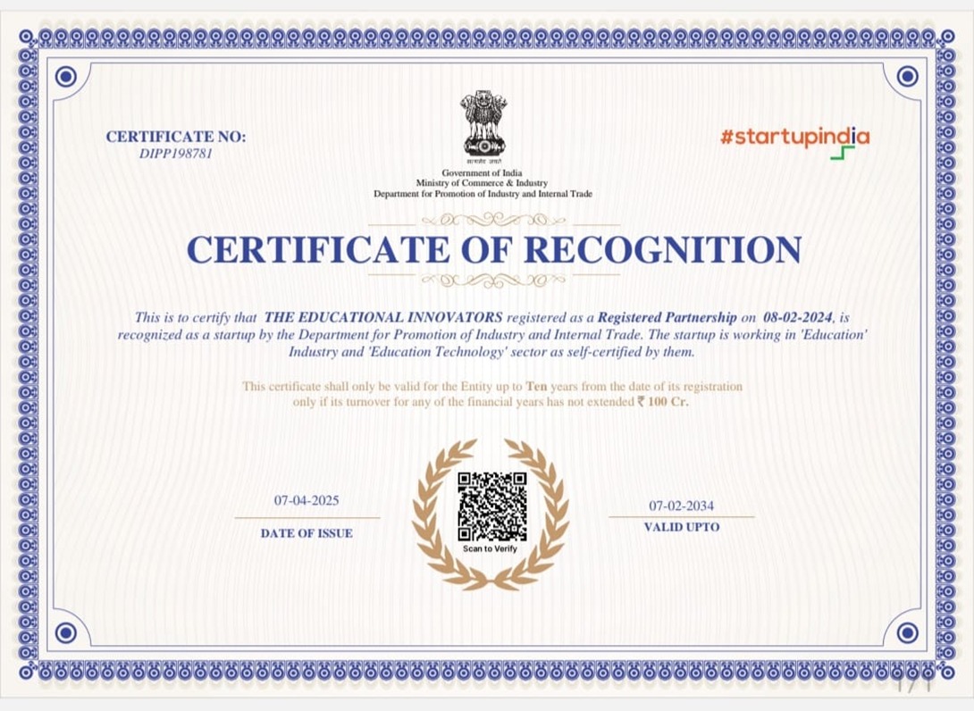 Certificate of Recognition from Government of India